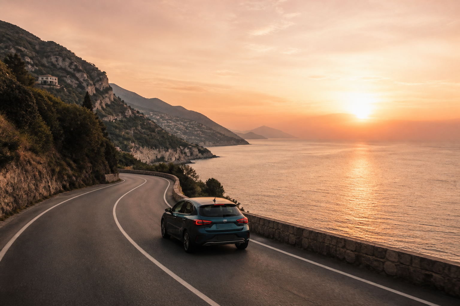 Un’auto percorre una strada panoramica lungo la costa al tramonto